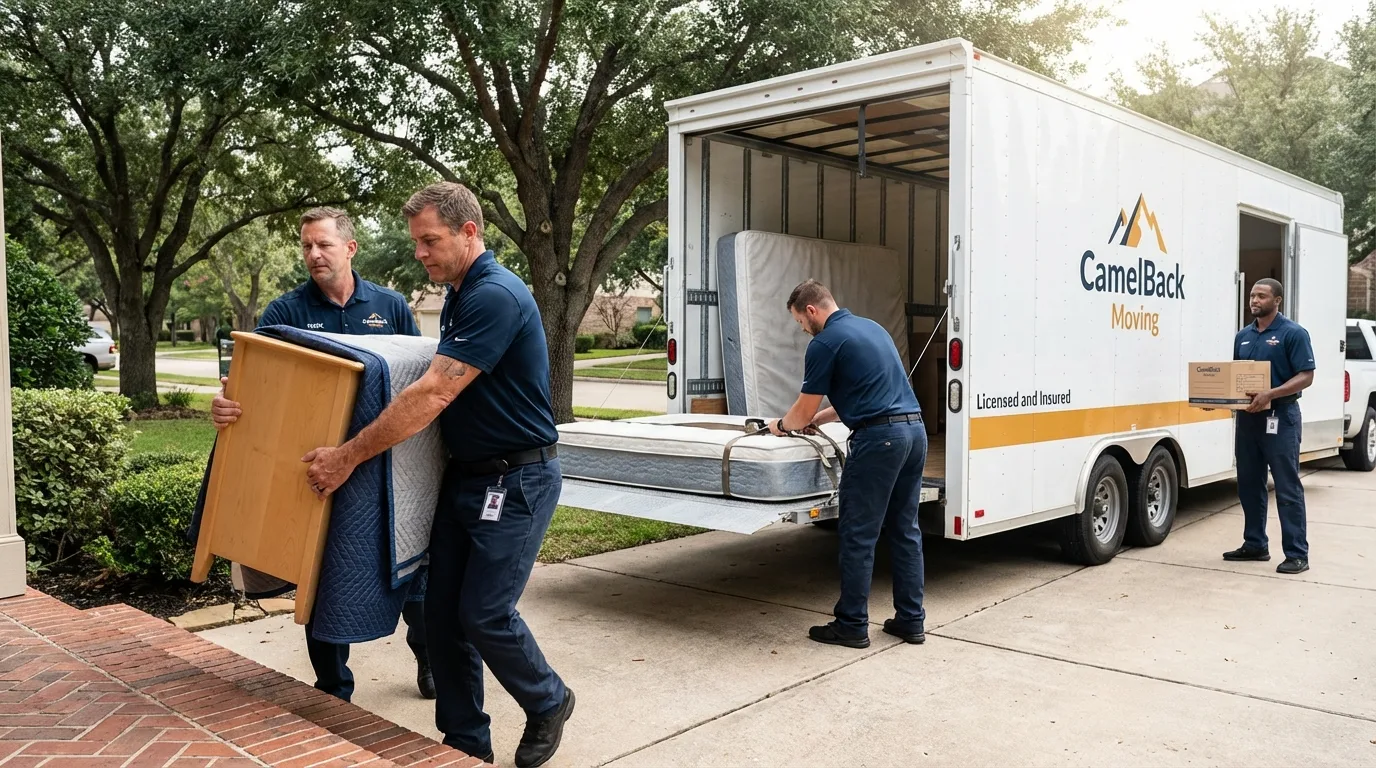 Crew loading residential truck for cross-state move from Madison Lake, MN