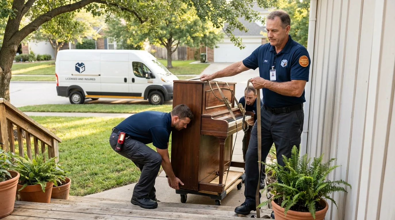 Licensed piano movers securing grand piano in Madison Lake, MN