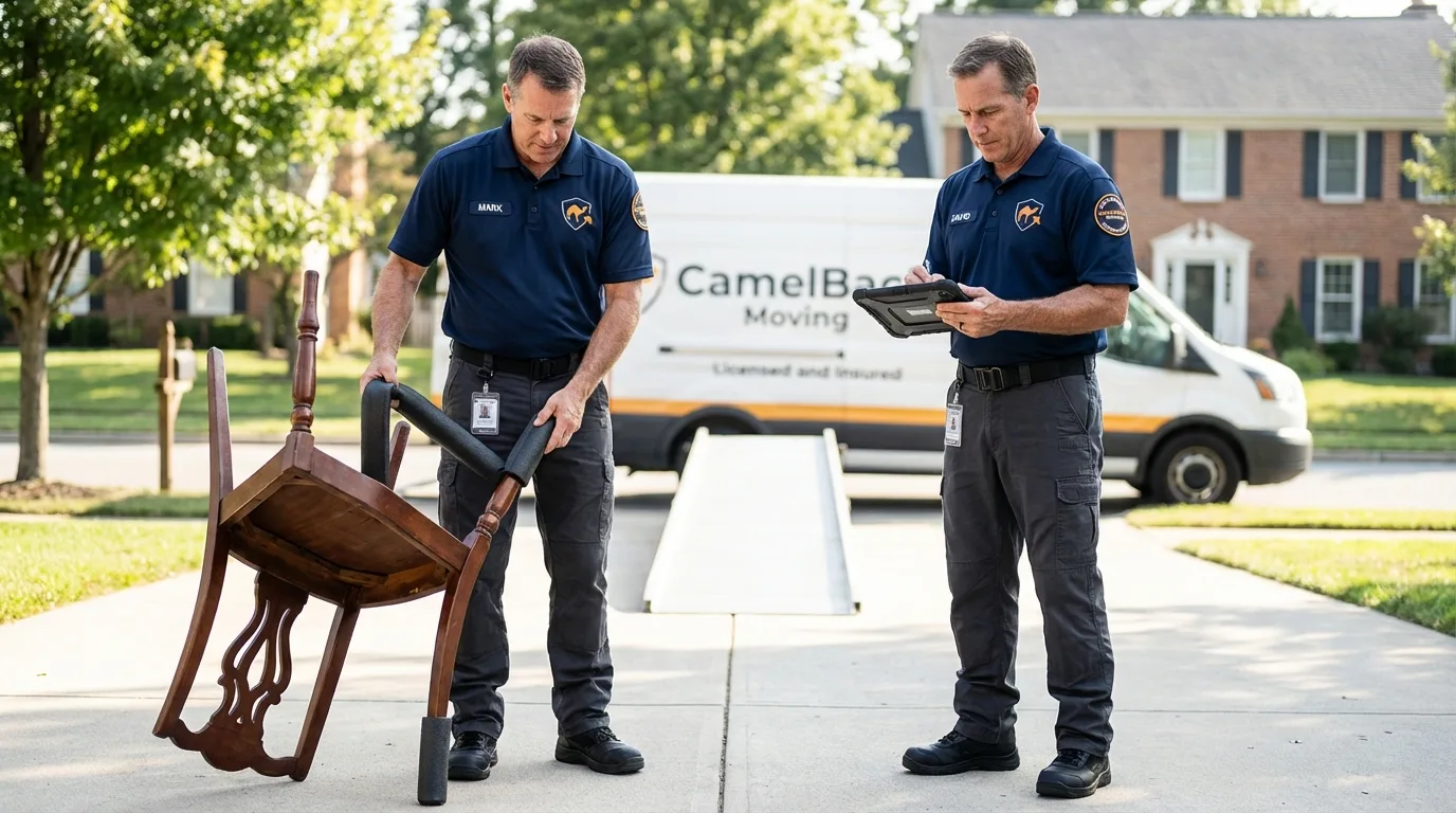 Movers inspecting furniture for damage prevention before loading in Madison Lake, MN