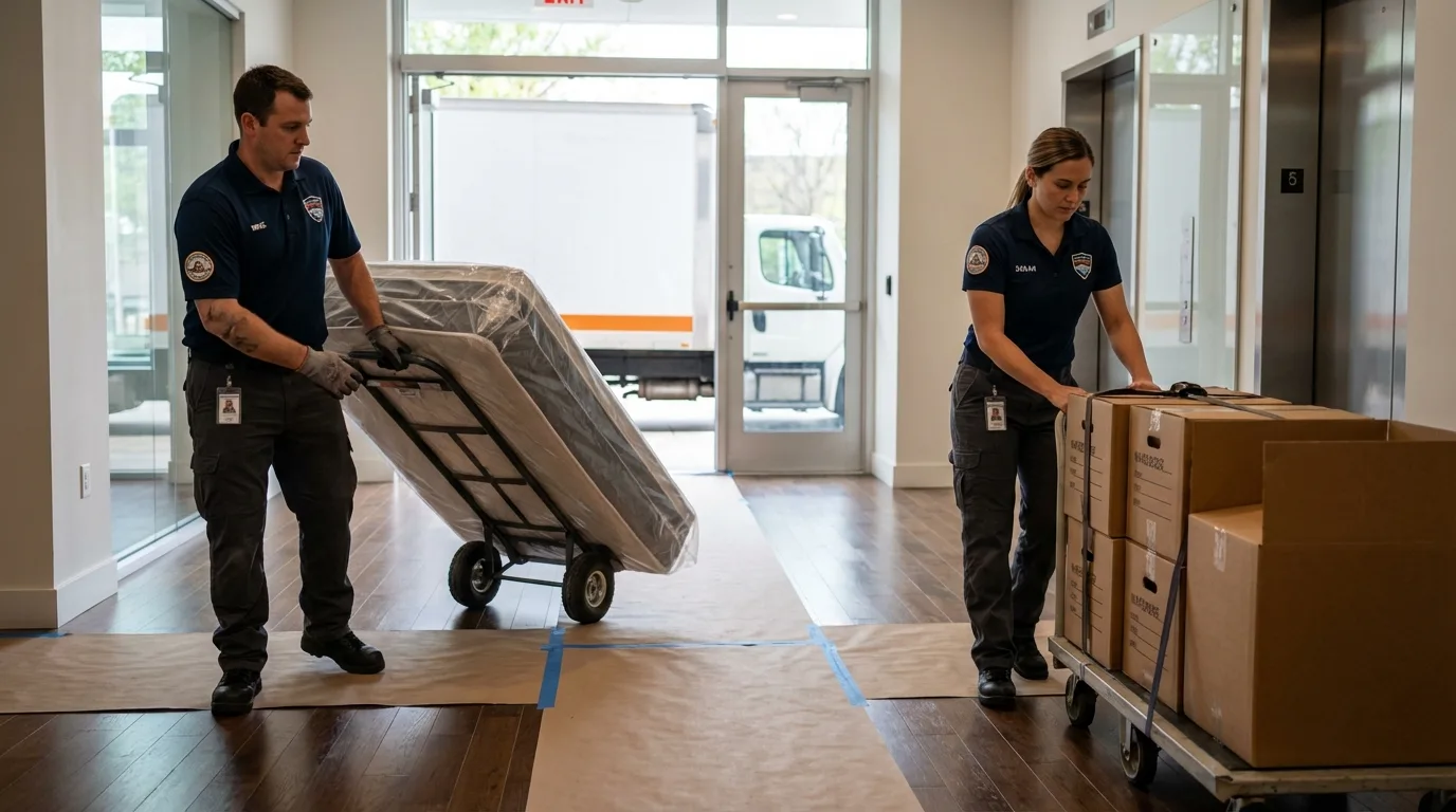 Professional apartment movers loading elevator in Madison Lake, MN