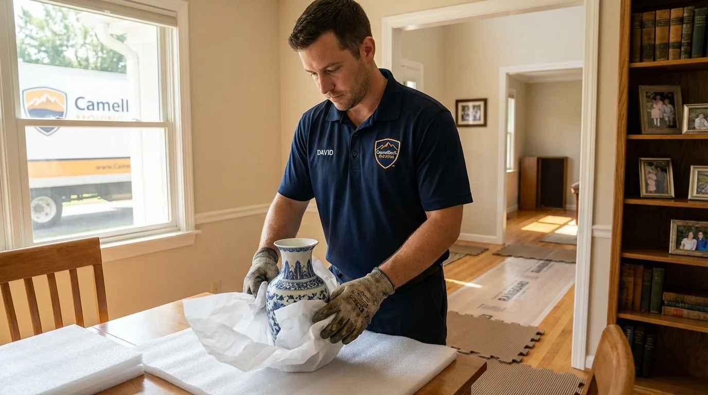 Professional crew carefully wrapping antique vase for senior downsizing move in Madison Lake, MN