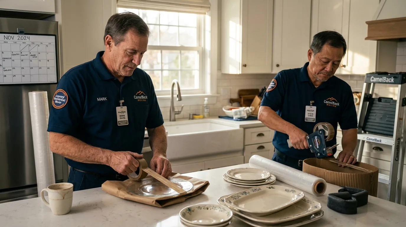 Professional crew packing kitchen dishware in Madison Lake, MN